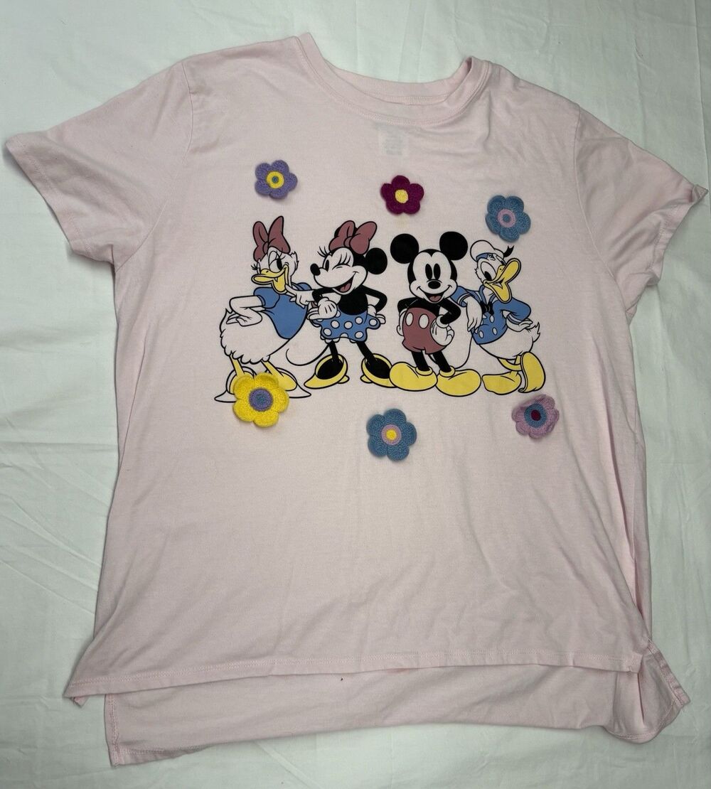 Disney Mickey & Friends Womens XL Pink T-Shirt 3D Flowers Minnie Donald Daisy